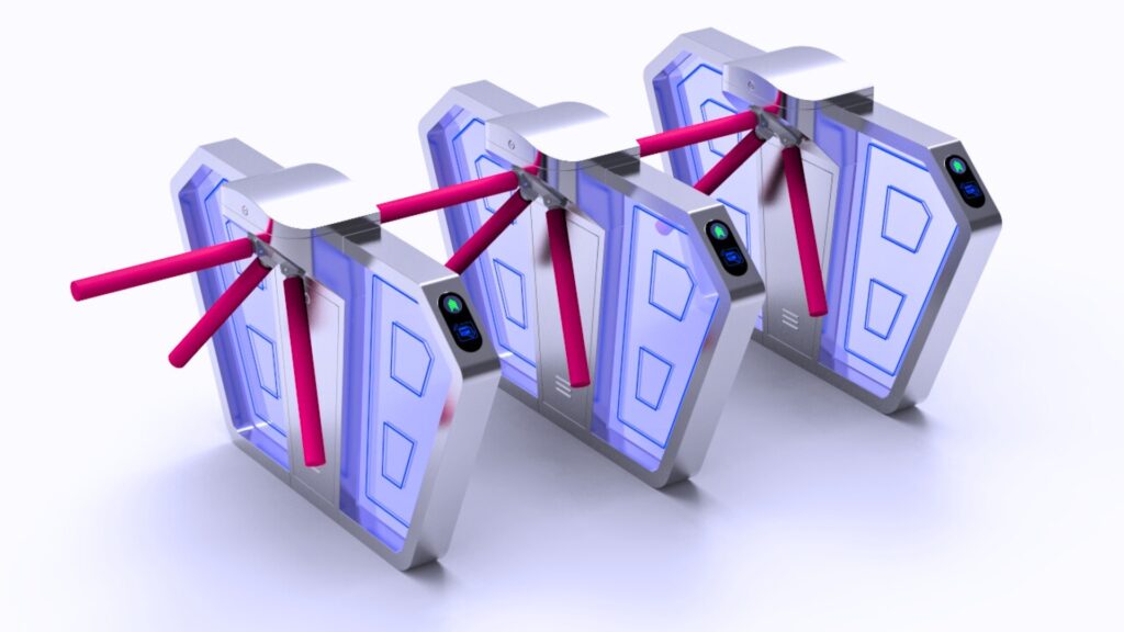 Electronic tripod turnstile gate for controlling pedestrian access within facilities.