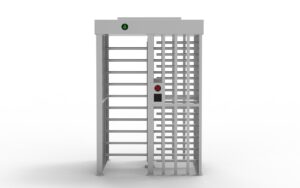 Full Height Turnstile Gate front view with stainless steel full-body access cage