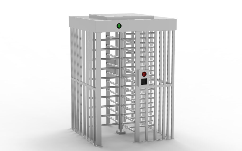 Full Height Turnstile Gate front view with stainless steel full-body access cage