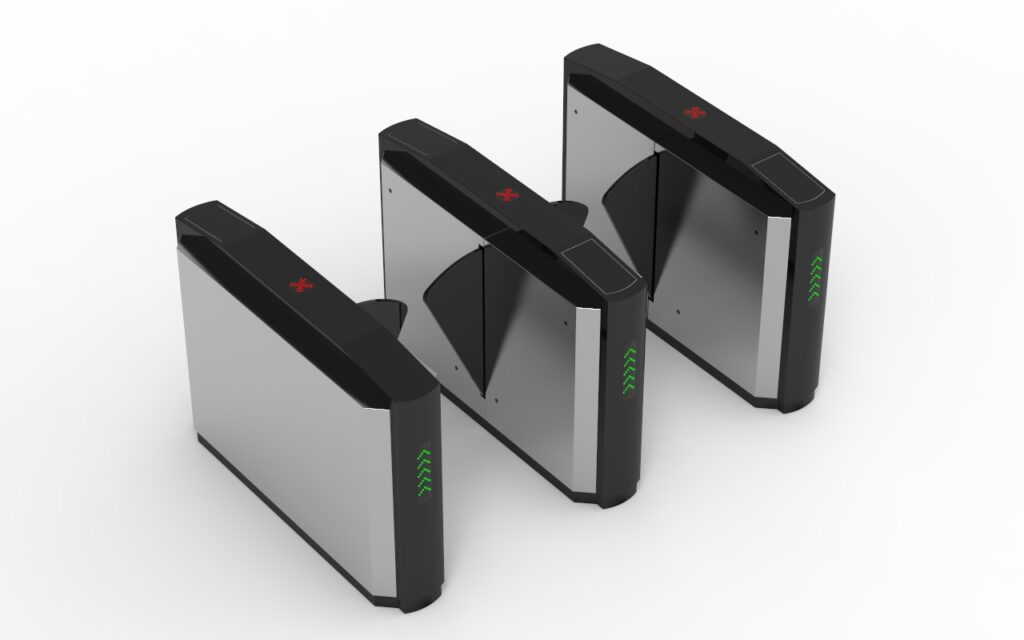 Modern smart flap barrier gate with glass wings and LED indicators for access control in buildings