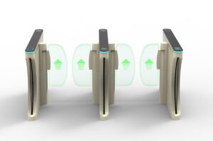 Smart flap barrier gate with LED indicators and RFID reader for pedestrian access control.