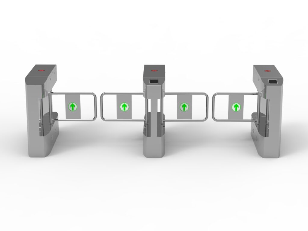 بوابة دوارة ثلاثية للتحكم في الدخول، مصنوعة من الفولاذ المقاوم للصدأ، تستخدم لتنظيم تدفق المشاة في الأماكن العامة مثل محطات المترو والمباني الحكومية.