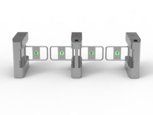 بوابة دوارة ثلاثية للتحكم في الدخول، مصنوعة من الفولاذ المقاوم للصدأ، تستخدم لتنظيم تدفق المشاة في الأماكن العامة مثل محطات المترو والمباني الحكومية.